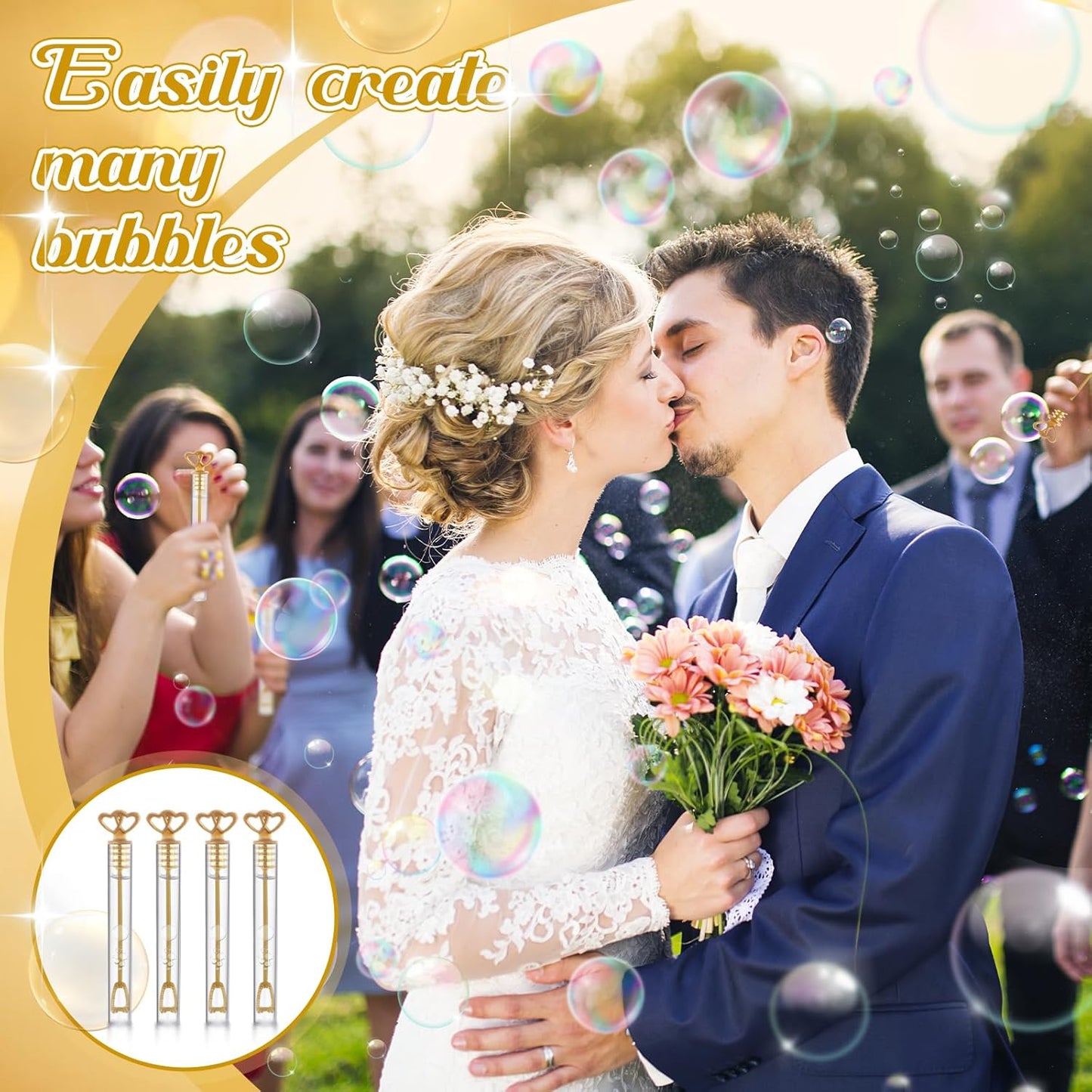 150 Pcs Bubble Wands Bulk for Wedding Party Mini Heart Wand with Bubble Solution for Wedding Bridal Showers Valentine Anniversary Graduation Birthday Supplies(Gold,Double Heart)