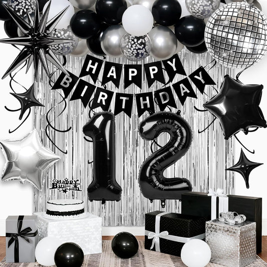 12th Birthday Decorations for Boys Girls, Black Silver Happy Birthday Party Decorations， 12 Year Old Party Supplies with Number 12 Balloons, Banner, Fringe Curtains Kit