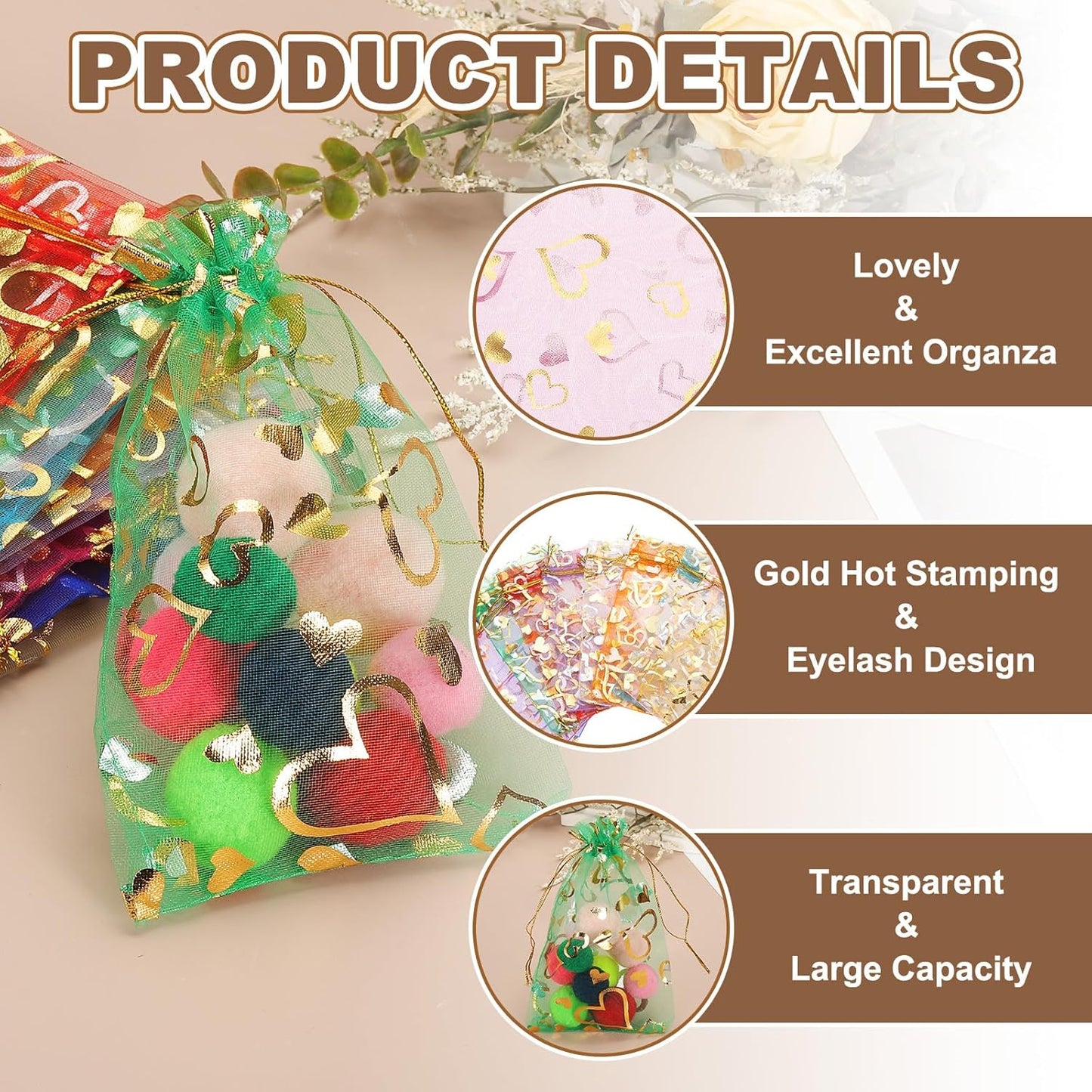 PATIKIL 50 Pcs 4x6 Inch Heart Printed Organza Bags, Red Sheer Heart Organza Bags with Drawstring for Christmas Candy Jewelry Party Wedding Favor Gift