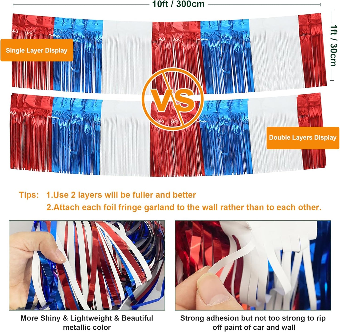 4 Pack 10 Feet Foil Fringe Garland Metallic Tinsel Streamers Banner Wall Hanging Fringe Backdrop Banner for Parade Floats Wedding Birthday Party Decoration (Royal Blue Red White)