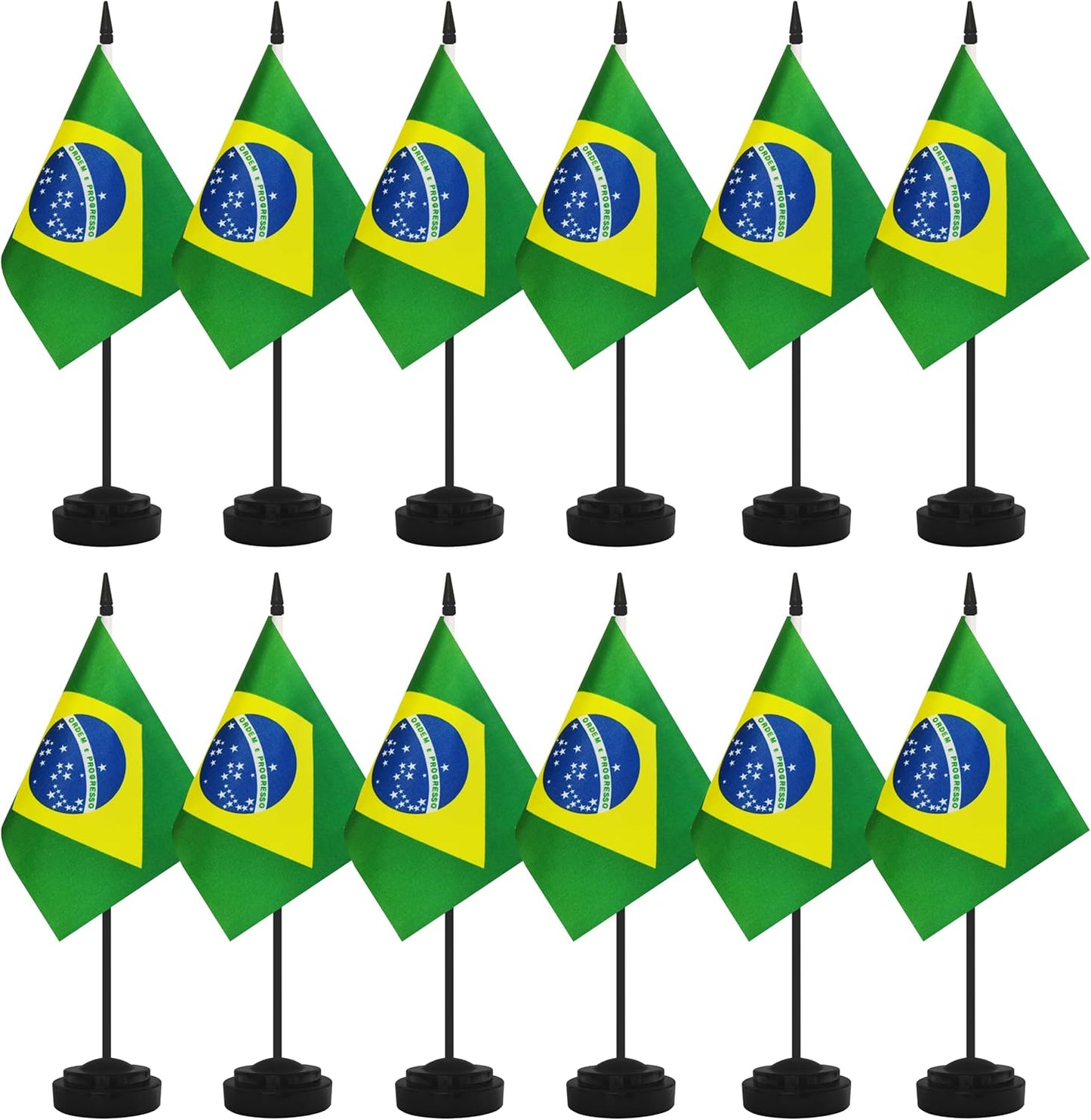 12 Pack Brazil Desk Flags, Brazilian Desktop Flag, Small Miniature Office Flags with 12" Black Pole and Black Base, Offices, Classroom, Home, Festival Decoration (Brazil)