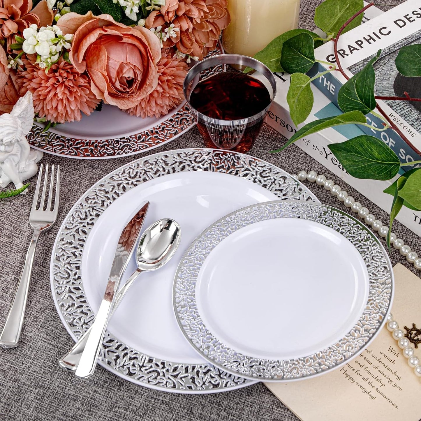 WELLIFE 210pcs Dinnerware Set - Silver Rimmed Plastic Plates Disposable Heavy Duty, Disposable Plastic Plates with Silver Rim, Water-proof, Break-proof, Best Choice for Any Party