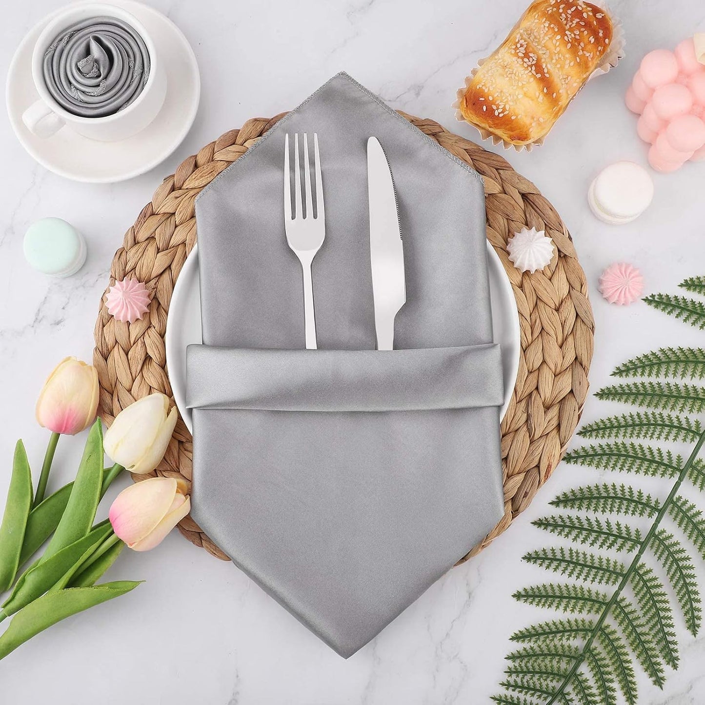 Aneco 12 Pieces Satin Napkin Square 20 x 20 Inches Dinner Napkins Weddings Party Napkin Soft Table Napkins for Romantic Weddings Party Dinner Decoration (Grey)