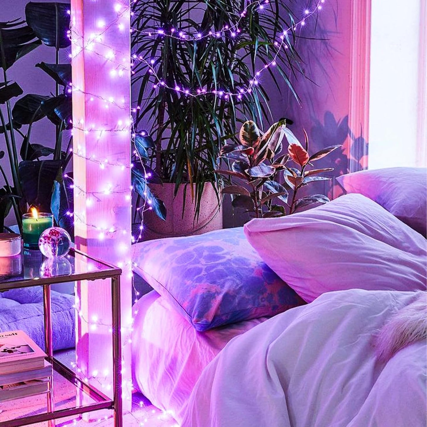 Purple String Lights, 33ft 100 LED 8 Modes Clear Wire Plug in Christmas Easter Tree Decorative Light for Wedding Birthday Party Window Bedroom Hanging Decorations