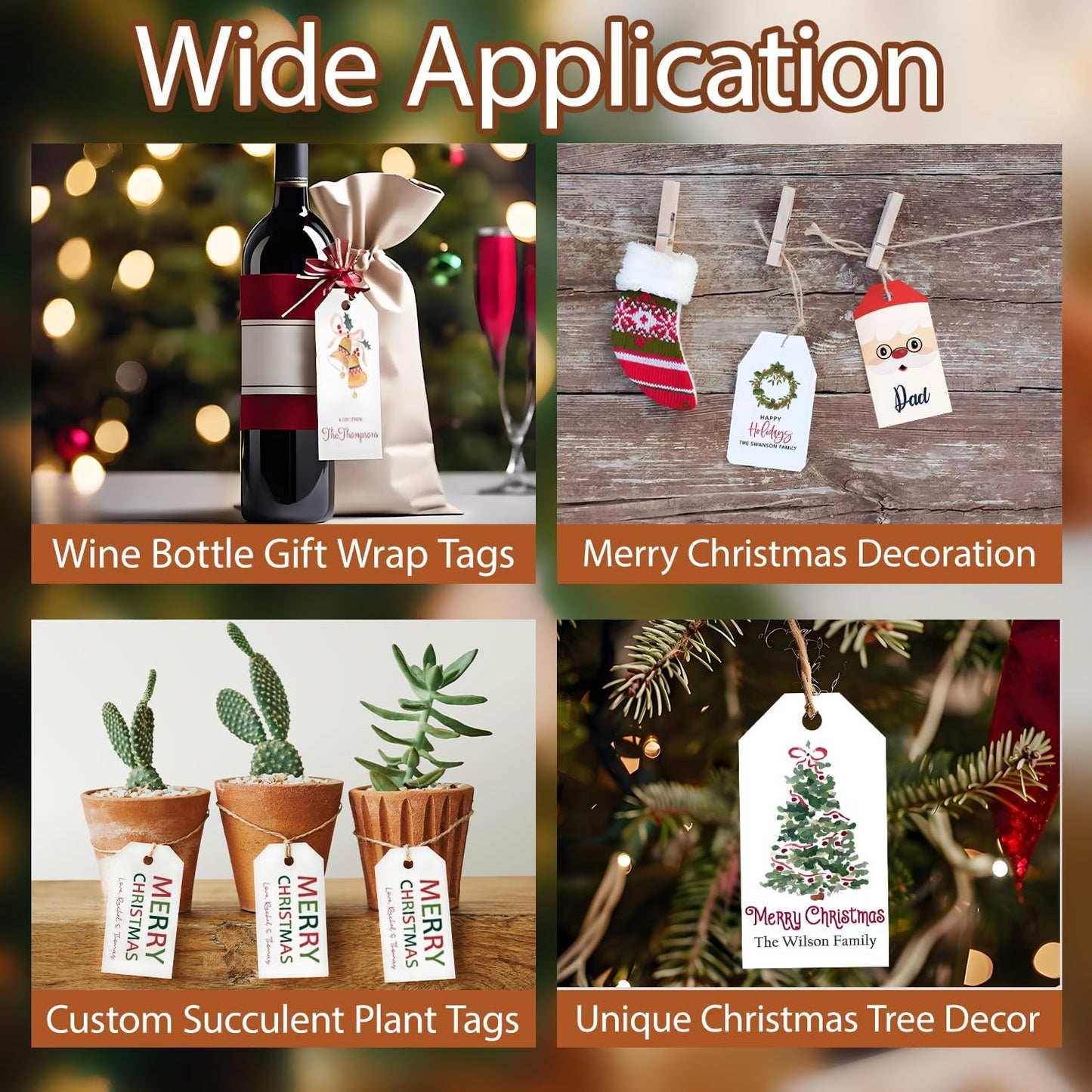 50pcs Custom Merry Christmas Gift Tags Personalized with Your Family Name and Year, Unique Santa Christmas Tree Design Hangtag Party Decorations (Rectangle Tag)