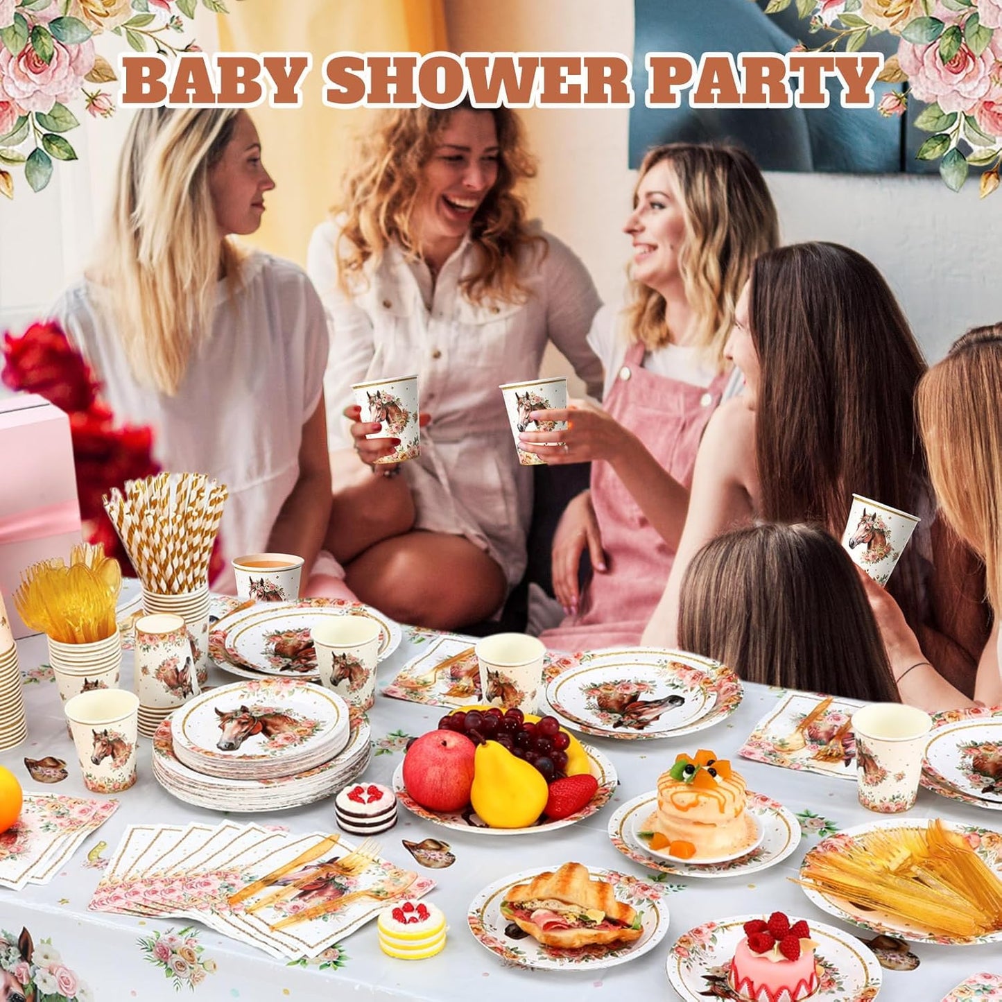 452 Pcs Horse Birthday Decorations for 50 Guests, Pink Floral Cowgirl Paper Plates Napkins Cups Tablecloth Cutlery Straws for Horse Themed Western Wedding Baby Shower Party Supplies