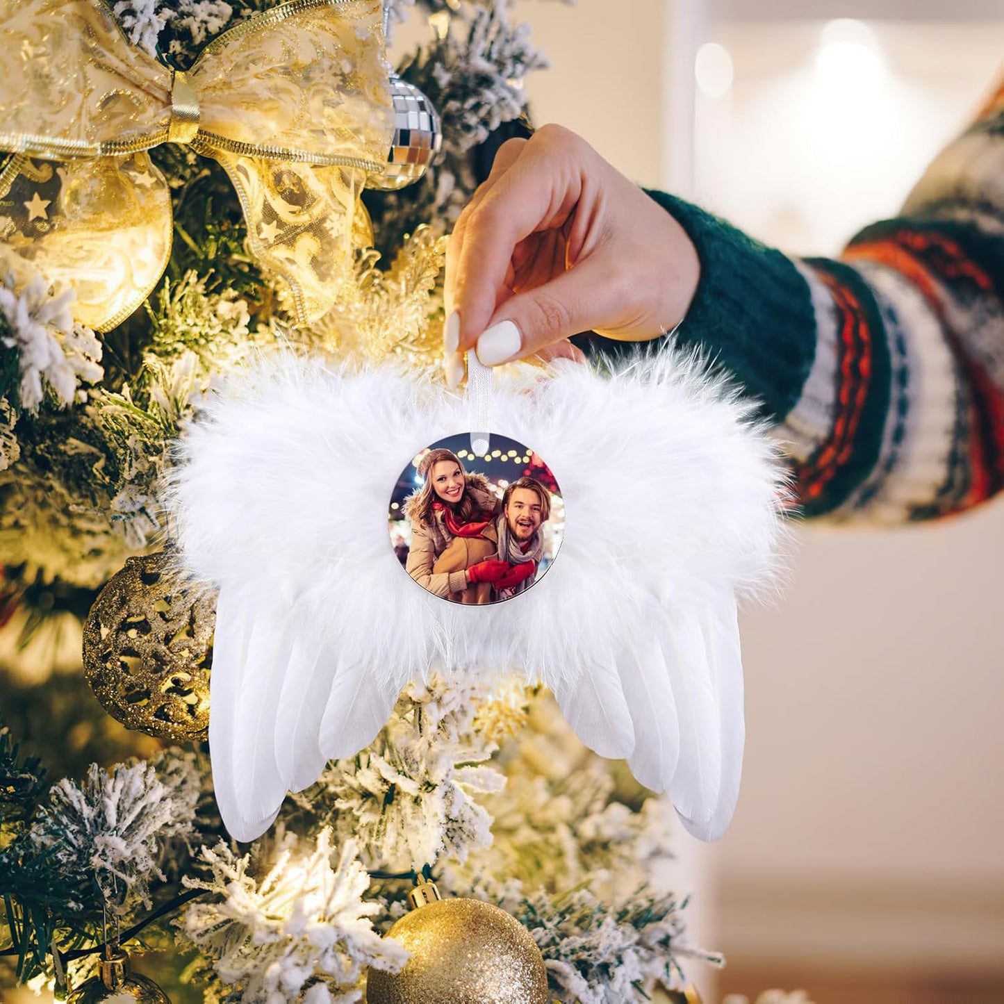 Personalized Photo Christmas Ornaments - Custom Christmas White Angel Wings Ornament Hanging, Feather Hanging Decor with Photo Text for Christmas Tree Xmas Gifts