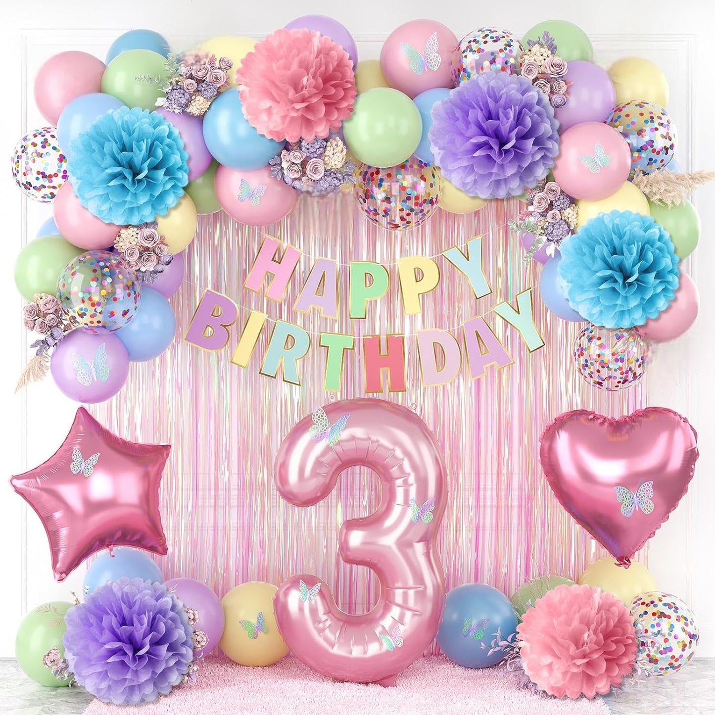 Pastel 3rd Birthday Party Decorations for Girls Number 3 Balloon Happy Birthday Banner Butterfly Stickers Fringe Curtain Paper Pom Poms Macaron Pink Star Heart Foil Colorful Balloons 3 Year Old Decor