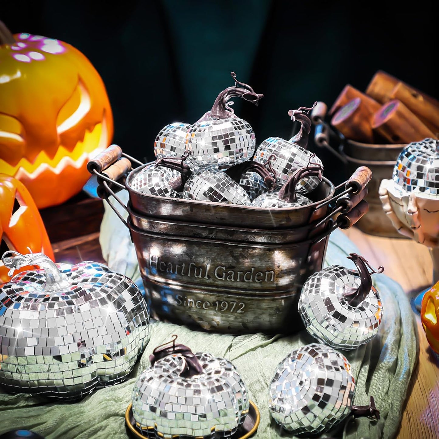 Lenwen 12 Pcs Artificial Disco Pumpkin Glitter Mirror Pumpkin for Decorating Fall Farmhouse Hanging Ornament Harvest Decor for Halloween Thanksgiving Table Centerpiece(Sliver)