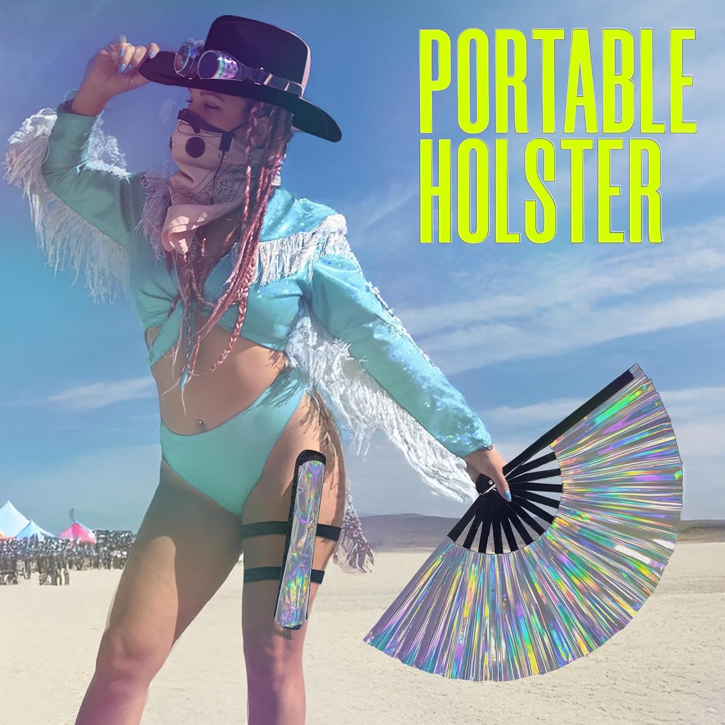 Holographic Folding Fan with Holster – Large Handheld Fan for Line Dancing, Festivals, Pride, and Costumes – Loud Bamboo Fan with Matching Belt Holster