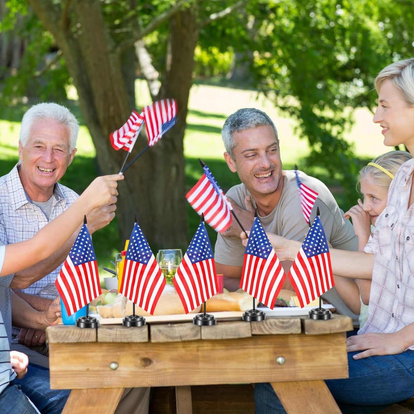 50 Pcs American Desk Flag Set Small USA Flags for Table with 13" Black Pole, Black Base and Spear Top, American Flag for Home Office Party Festival Celebrations Decor