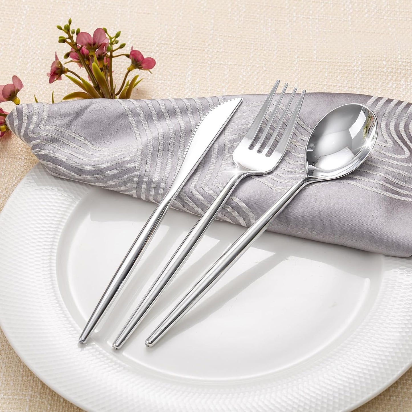 Rubtlamp 90Pcs Silver Plastic Silverware, Silver Plastic Utensils, Plastic Cutlery Include 30 Knives, 30 Forks and 30 Spoons, Silverware Heavy Duty For Party, Wedding