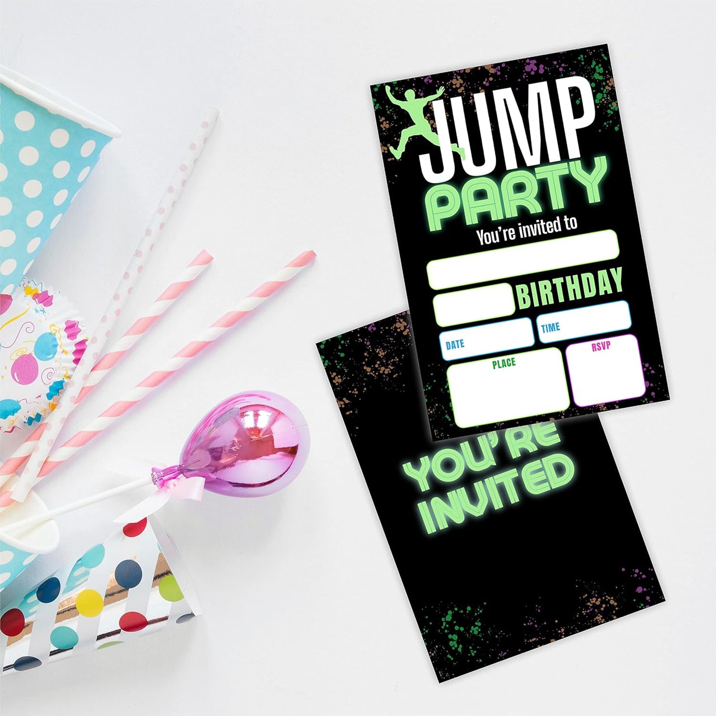 Jump Party Birthday Invitations, Glow Trampoline Birthday Party Invite Cards（20 Count) With Envelopes, Fill In Style Invite Cards For Boys & Girls, Birthday Party Supplies-B01