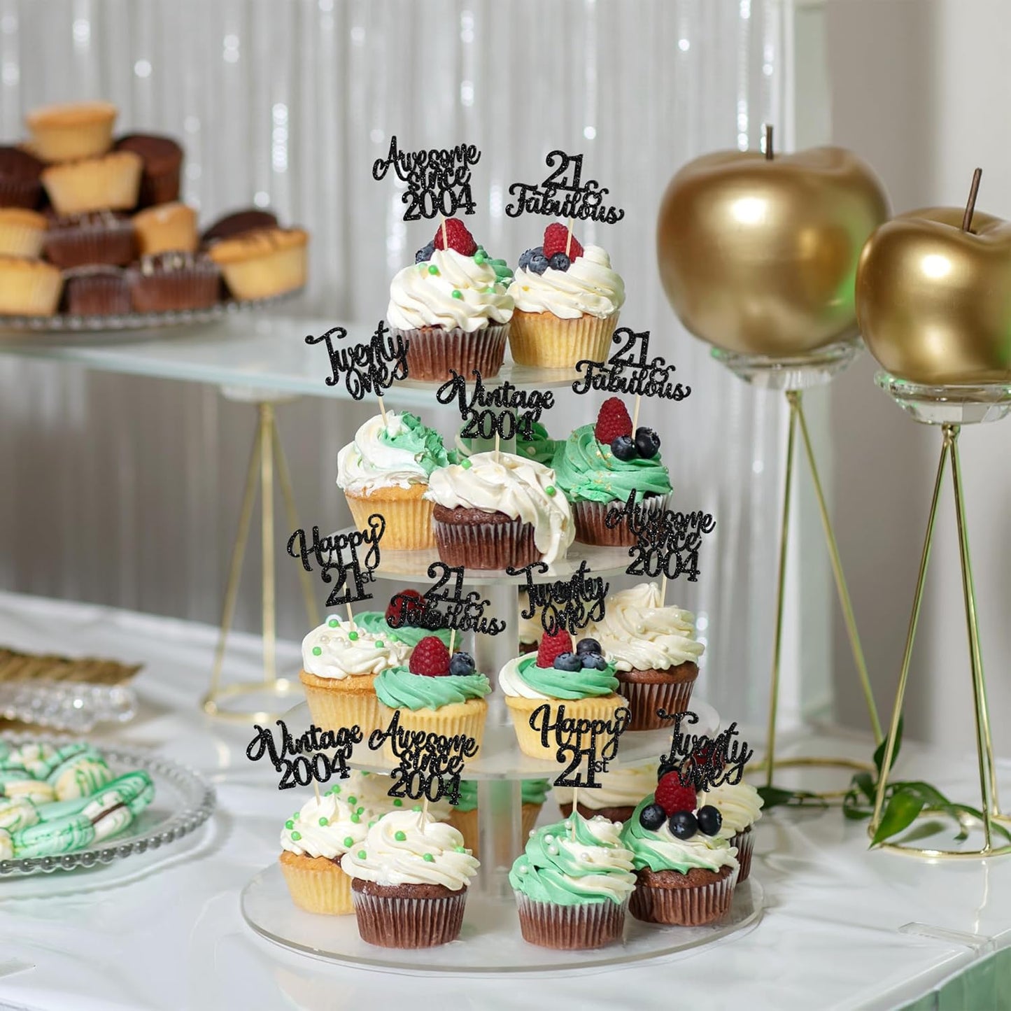 30Pcs Happy 21st Birthday Cupcake Toppers Glitter Awesome Since 2004 Twenty-one 21 Fabulous Vintage 2004 Cupcake Picks for 21st Birthday Anniversary Retirement Party Cake Decorations Supplies Black