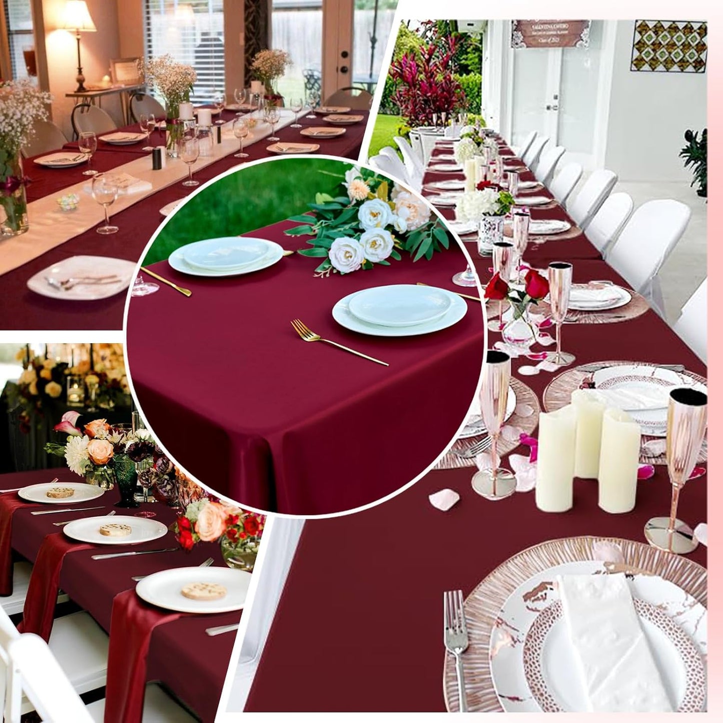 Burgundy 6 Pack Polyester Table Cloth 60 x 126 Inch, Rectangle Tablecloths for 6 Foot Tables Washable Table Cloth for Party Wedding