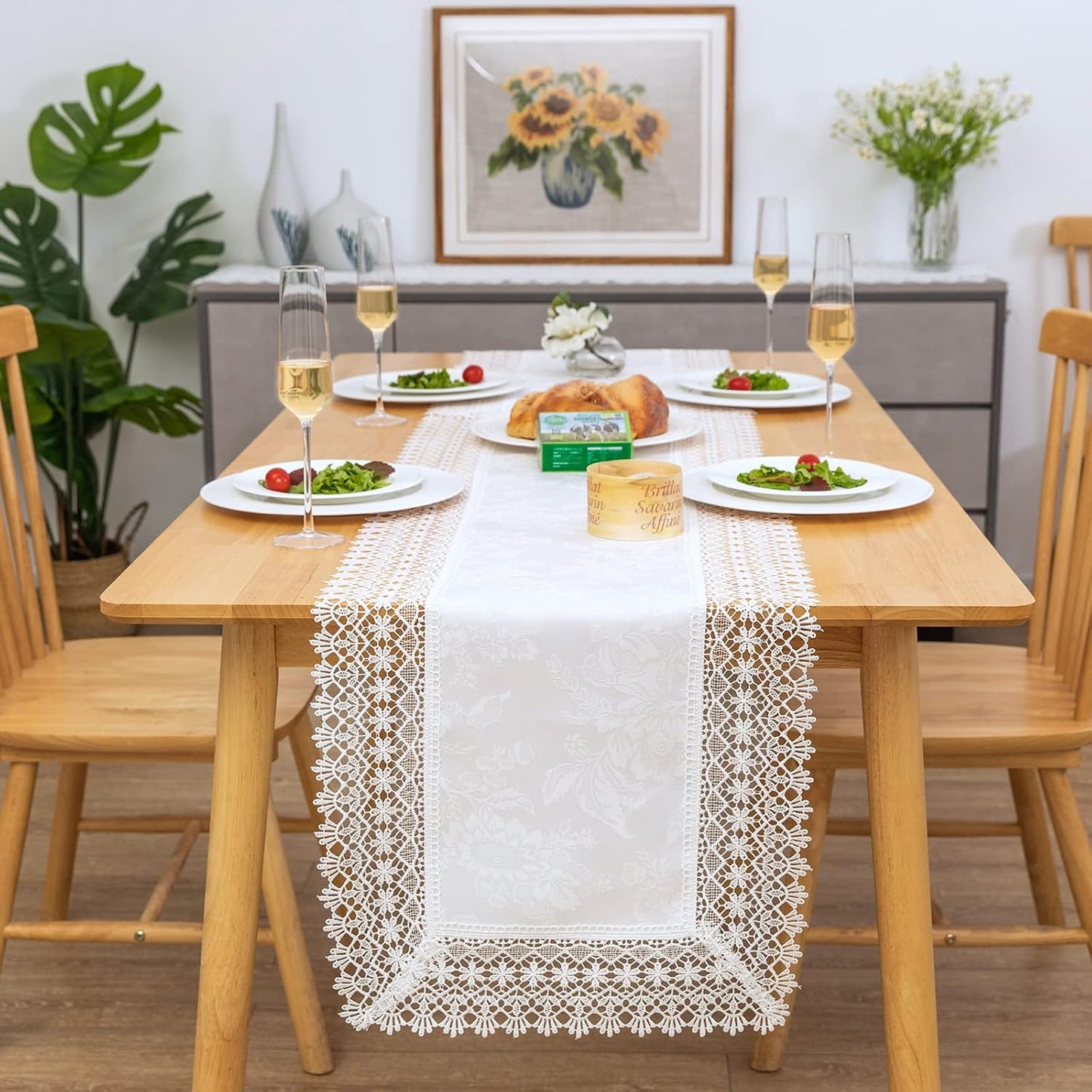 White lace Premium Rectangle Farmhouse Table Runner Waterproof OilProof SpillProof AntiShrink Soft Wrinkle Resistant Decorative Fabric Table Cover Kitchen Dinning Party Wedding Banquet