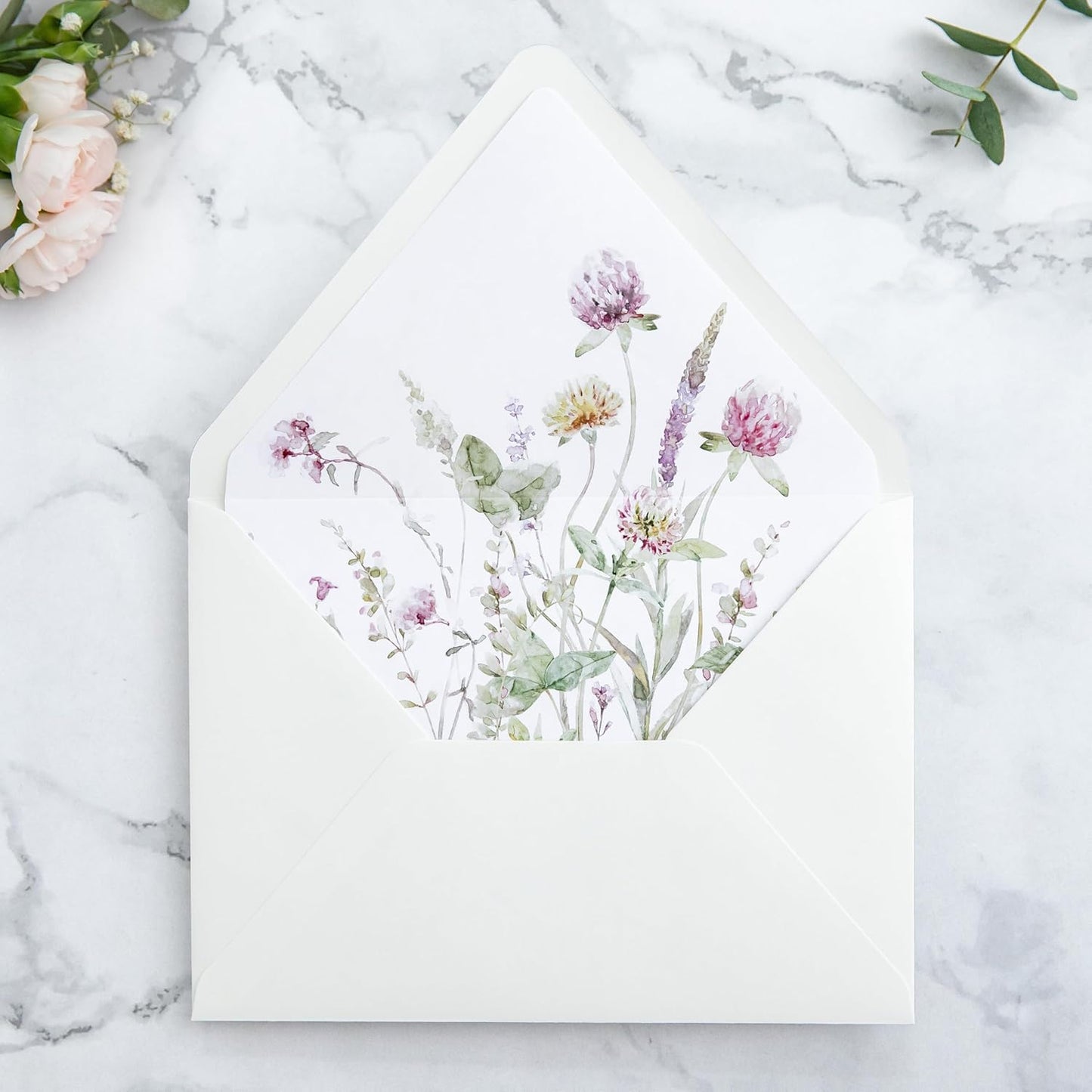 PONATIA 50PCS A7 Euro Flap Ivory Envelope, 5.25 x 7.25'' Wild Flowers Liner Envelopes for Wedding Invitations, Photos, Postcards, Greeting Cards, Christmas Gift Cards, Acrylic Mailing, 5x7 Envelopes