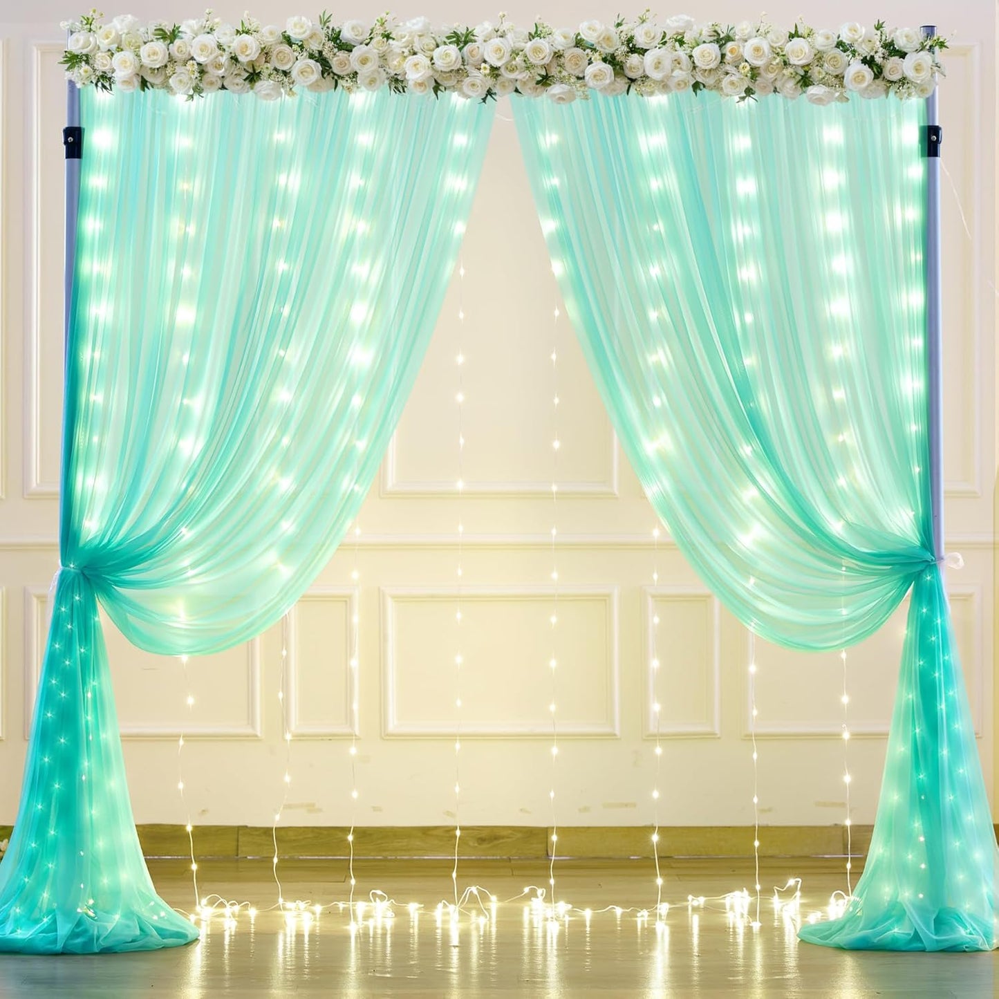 Sage Green Tulle Backdrop Curtains with Lights String for Parites 10x8ft Sheer Backdrop Curtains Drapes for Birthday Party Bridal Shower Baby Shower Christmas Wall Photo Booth Background Decorations