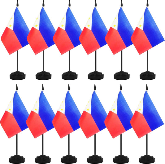 12 Pack Miniature Office Flags, Small Philippine Desktop Flags with 12" Black Pole and Base, Offices, Classroom, Home, Festival Decoration