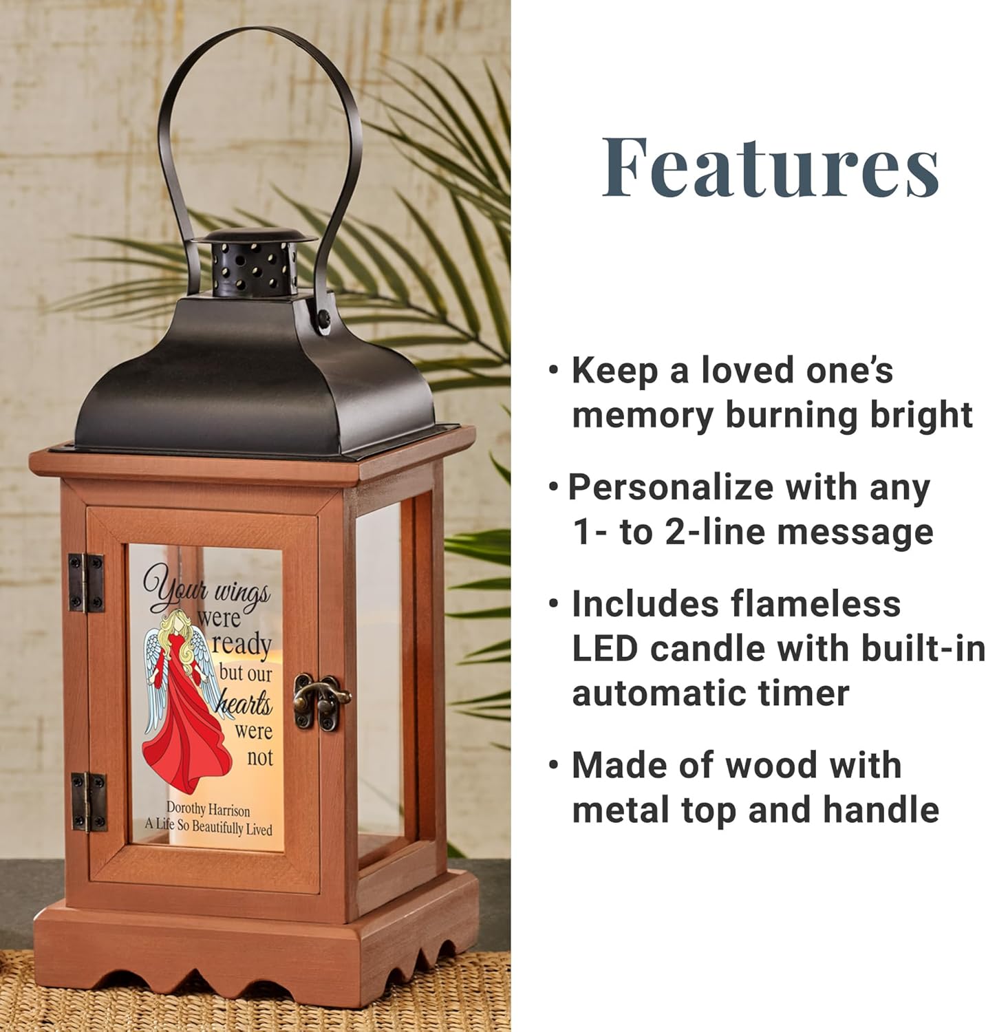 Let's Make Memories Personalized Memorial Lantern - Sympathy - Condolences - in Memory - LED Candle - Automatic Timer - Wood/Metal - Wings of Love