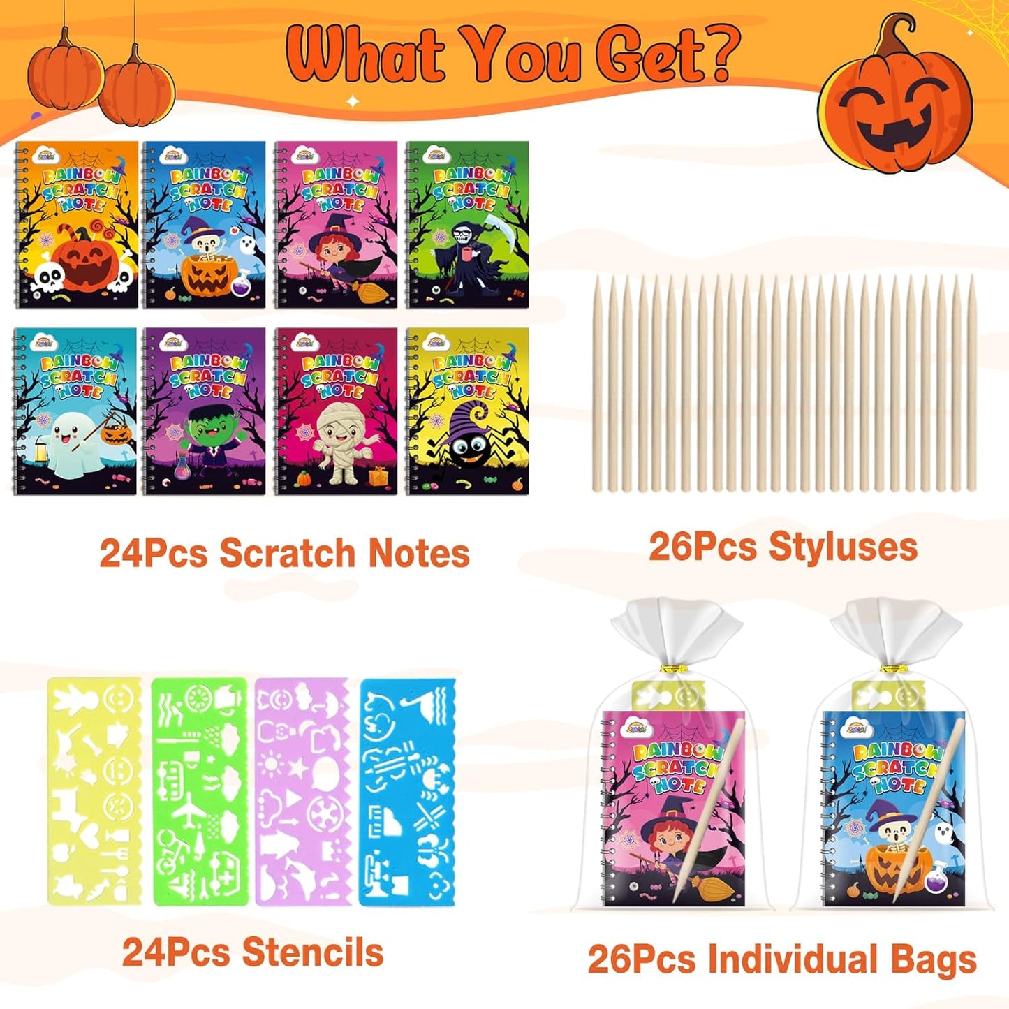 ZMLM Rainbow Scratch Party Favors Kids: Birthday Gifts Toy Bulk Scratch Art Notebook 24 Pack Birthday Goodie Bags Stuffers Girls Boys Art Craft Pad Classroom Prizes School Teacher Supplies (Halloween)