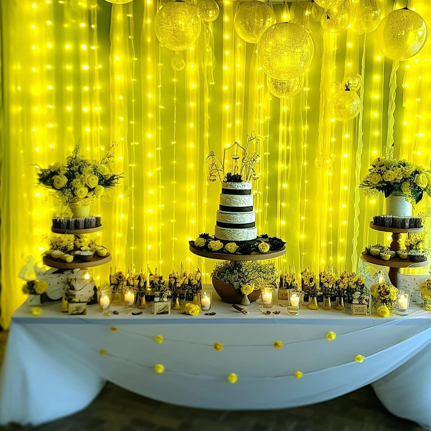 Yellow Sheer Tulle Backdrop Curtains with Lights String for Birthday Party Photoshoot 2 Panels 5×10ft Yellow Backdrop Curtains for Baby Shower Wedding Background Decorations