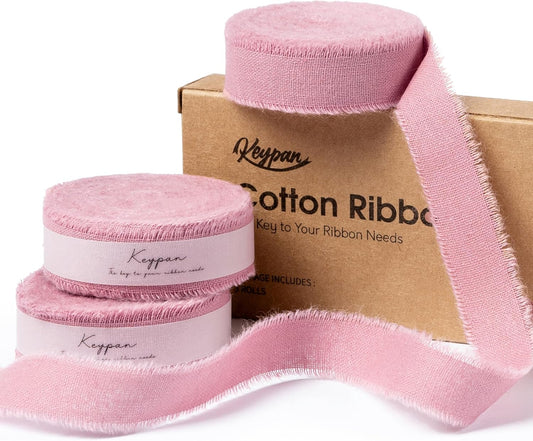Pink Ribbon 5/8" x 21 Yards with Frayed Fringe Fabric Cotton Ribbons for Gift Wrapping Wedding Invitations Flower Bouquet Baby Shower