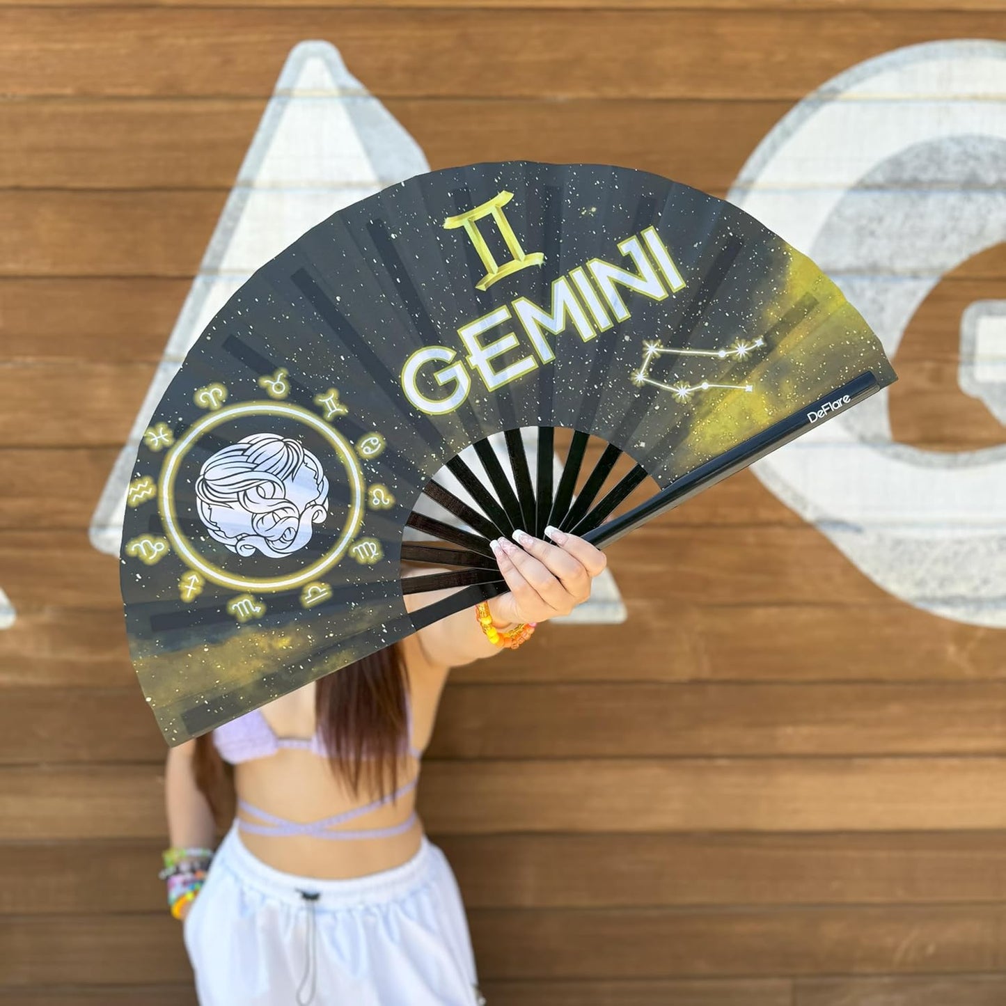 DeFlare | Cosmic Zodiac Rave Fan | Zodiac Sign Hand Fan | Astrology Rave Fan | Hand Fan | Large Rave Fan | Large Clacking Fan