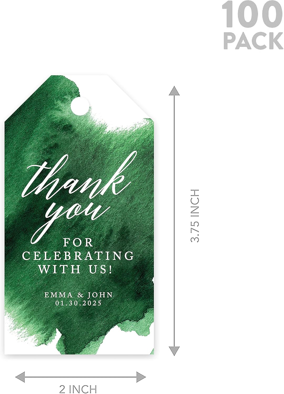 Andaz Press 100-Pack Personalized Thank You for Celebrating with Us Wedding Favor Tags with Bakers Twine Emerald Green Watercolor Custom Cardstock Wedding Gift Tags for Party Favors 2 x 3.75-Inches