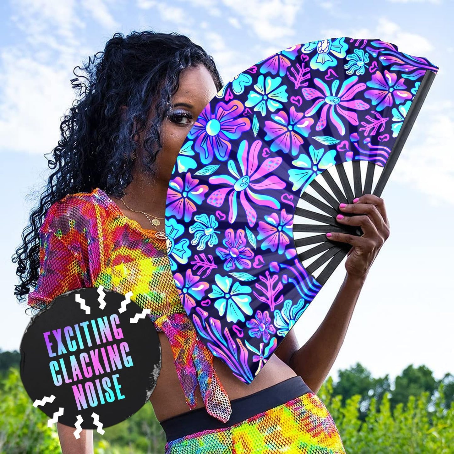 GloFX UV Glow Flower Fantasy Rave Fan - Vibrant Pink, Blue, and Purple Design - Large Folding Hand Held Fan for Festival Fashion & Festival Outfits for Women