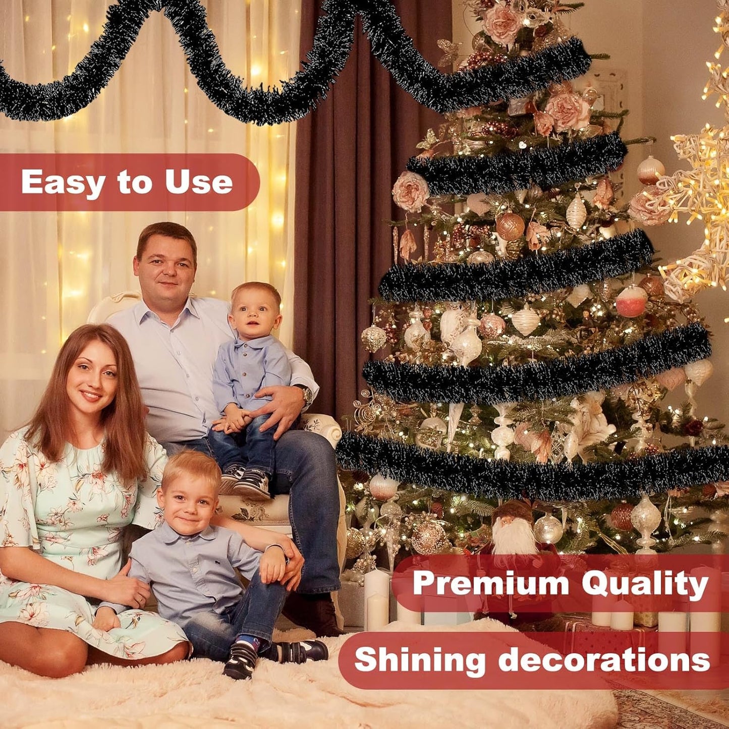 50 Feet Black Christmas Tinsel Garland, Metallic Foil Twist Banner Wall Hanging Tinsel Streamers Backdrop for Parade Floats, Christmas, Mother's Day, Birthday Party Decorations(2in x 50ft)