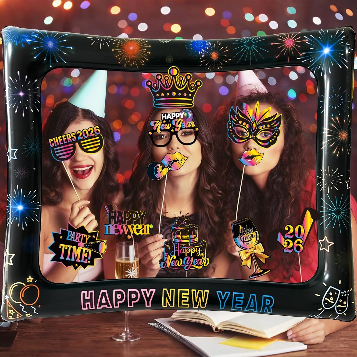 2026 New Year Photo Booth Inflatable Frame Kit, 30Pcs Colorful Neon New Years Photo Booth Props with Inflatable Picture Frame for New Year Eve Party Selfie Props Supplies