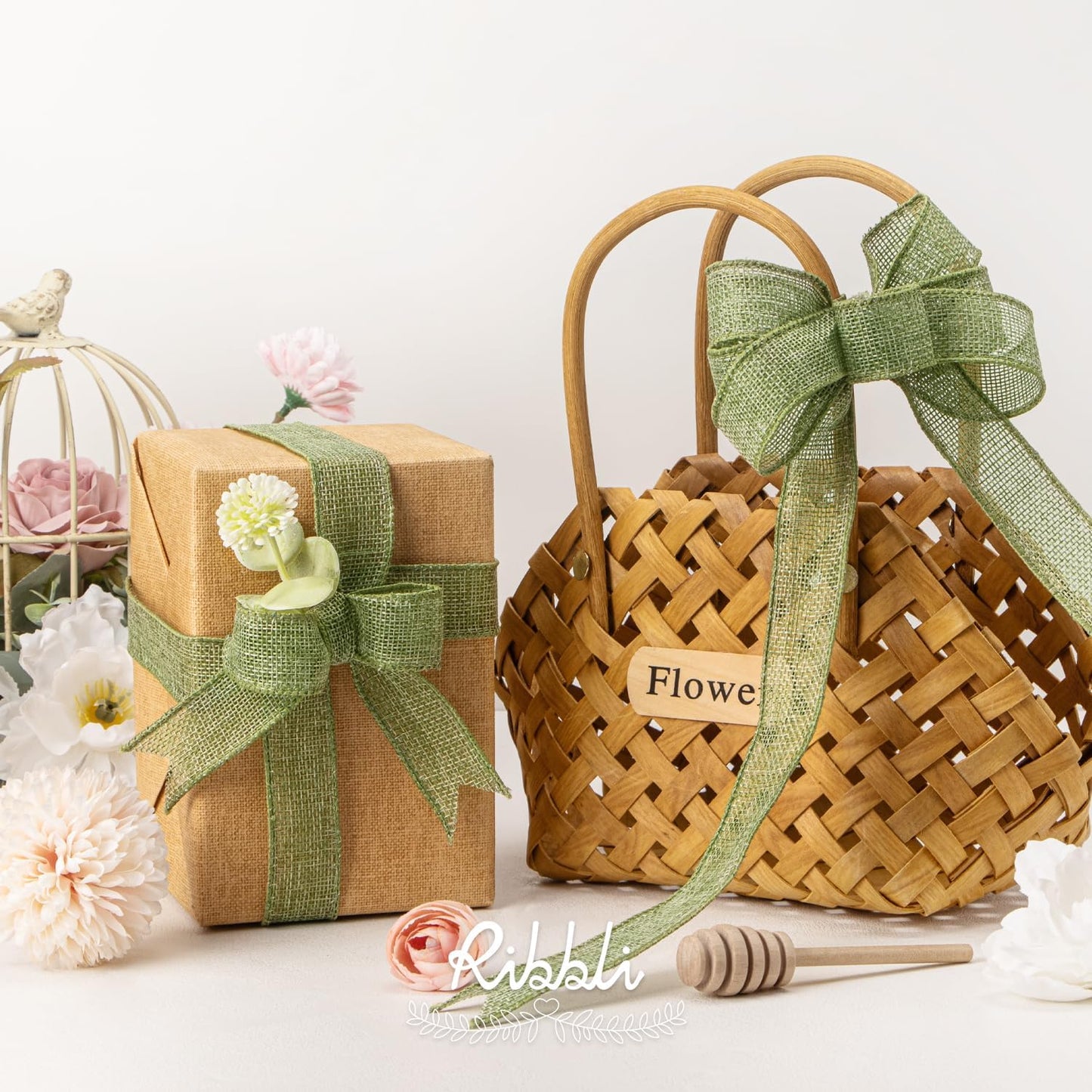 Ribbli Sage Green Burlap Wired Ribbon, 1” Inch x Continuous 20 Yard, Spring Moss Wired Ribbon for Wreaths,Big Bows,Tree Decoration,Outdoor Decoration