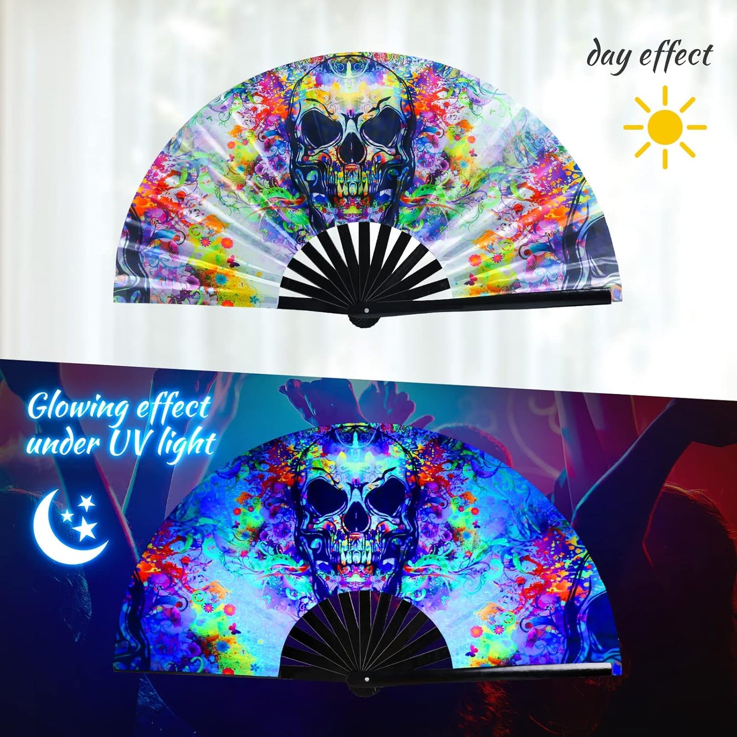 SYNTECSO Folding Hand Fan for Rave, UV Glow Fan, Large Bamboo Fan for Drag Queen, Women and Men Gift，Chinese Japanese Clack Fan for Parties, Music Festivals, EDM and Decoration