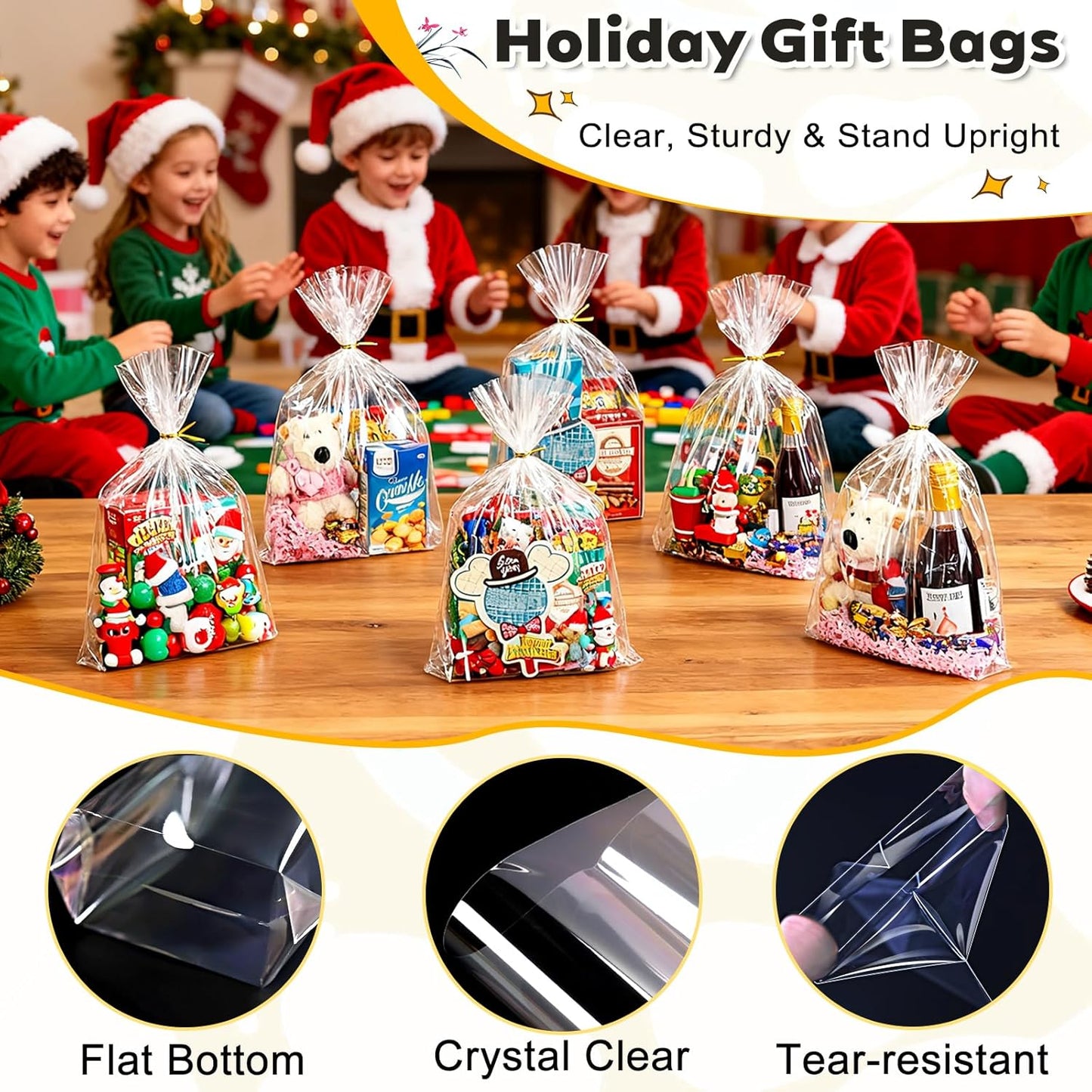 PigPotParty 12"x 16", 100Pcs Bottom Gusset Bags, Clear Plastic Cellophane Mug Treat Goodie Gift Bags with 100x Twist Ties, Large Party Favor Packaging, Toy Wrapping (No Side Gusset)