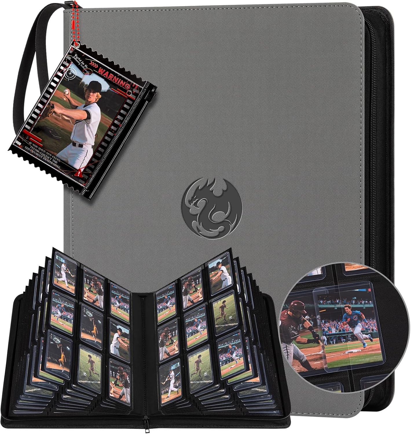 9-Pocket Toploader Binder, Baseball Football Sports Game Cards for 3"x4" Rigid Toploaders Trading Card Collection Album Holds 288 Cards Waterproof Storage Book Easy to Insert（Grey)