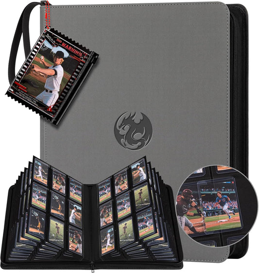 9-Pocket Toploader Binder, Baseball Football Sports Game Cards for 3"x4" Rigid Toploaders Trading Card Collection Album Holds 288 Cards Waterproof Storage Book Easy to Insert（Grey)