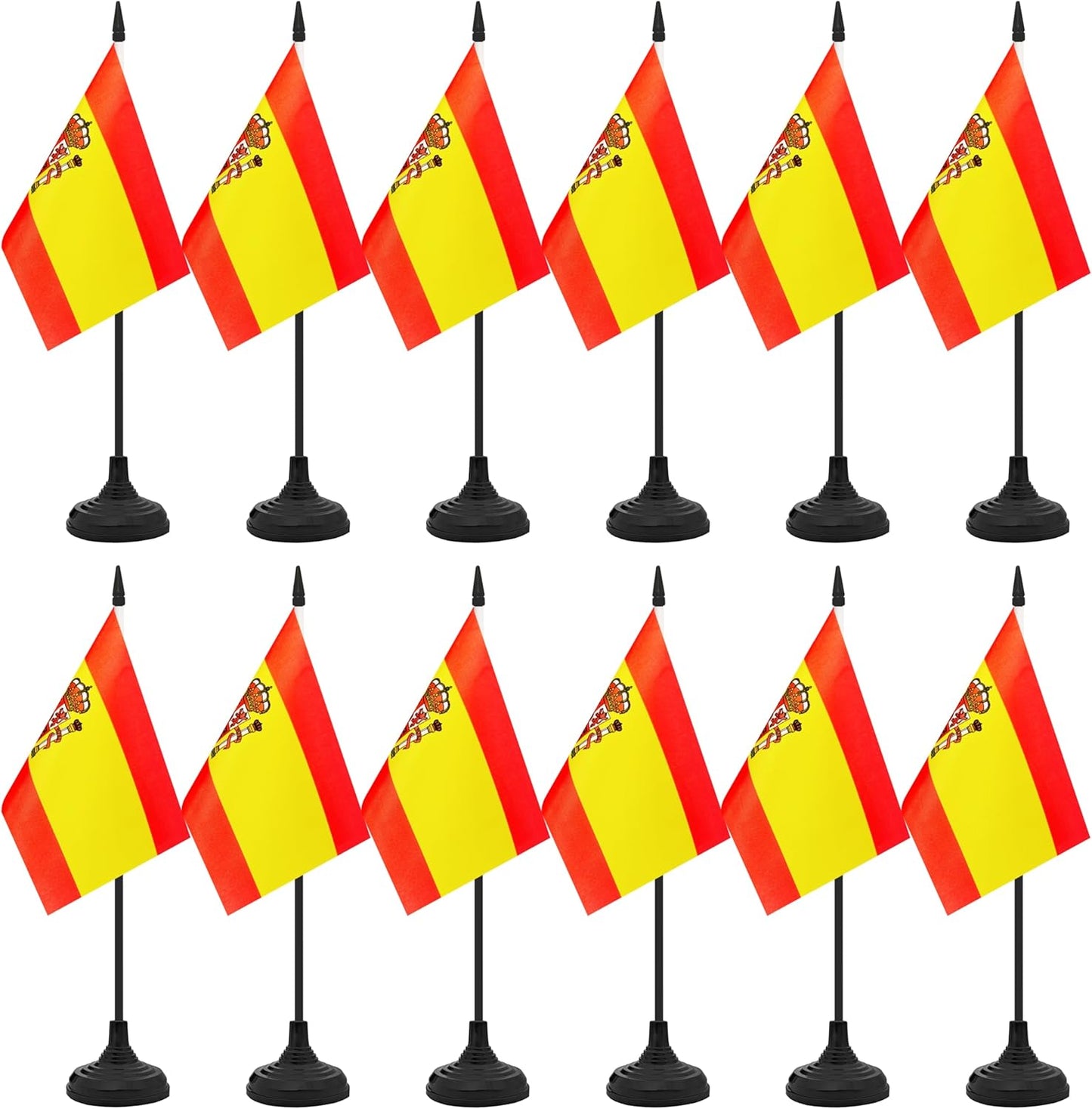 12 Pack Spain Desk Flag Set, Spanish Table Office Flag, Small Miniature Desktop Flag With Black Pole and Black Base, Classroom, Offices Meeting Desk Decoration (Spain)
