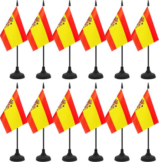 12 Pack Spain Desk Flag Set, Spanish Table Office Flag, Small Miniature Desktop Flag With Black Pole and Black Base, Classroom, Offices Meeting Desk Decoration (Spain)