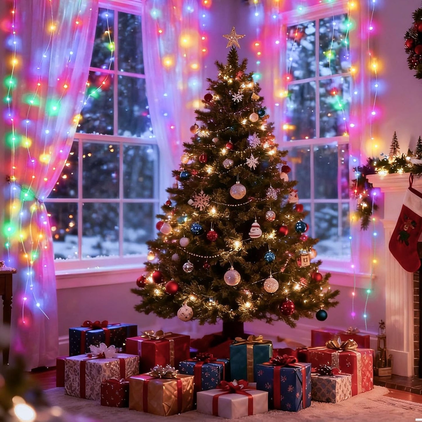 DomeStar 300 LED Fairy Curtain Lights, 9.8ft x 9.8ft Battery Operated with 8 Modes Remote Christmas Waterproof String Hanging Lights for Bedroom Patio Garden Party Wedding Wall Decor (Multicolor)