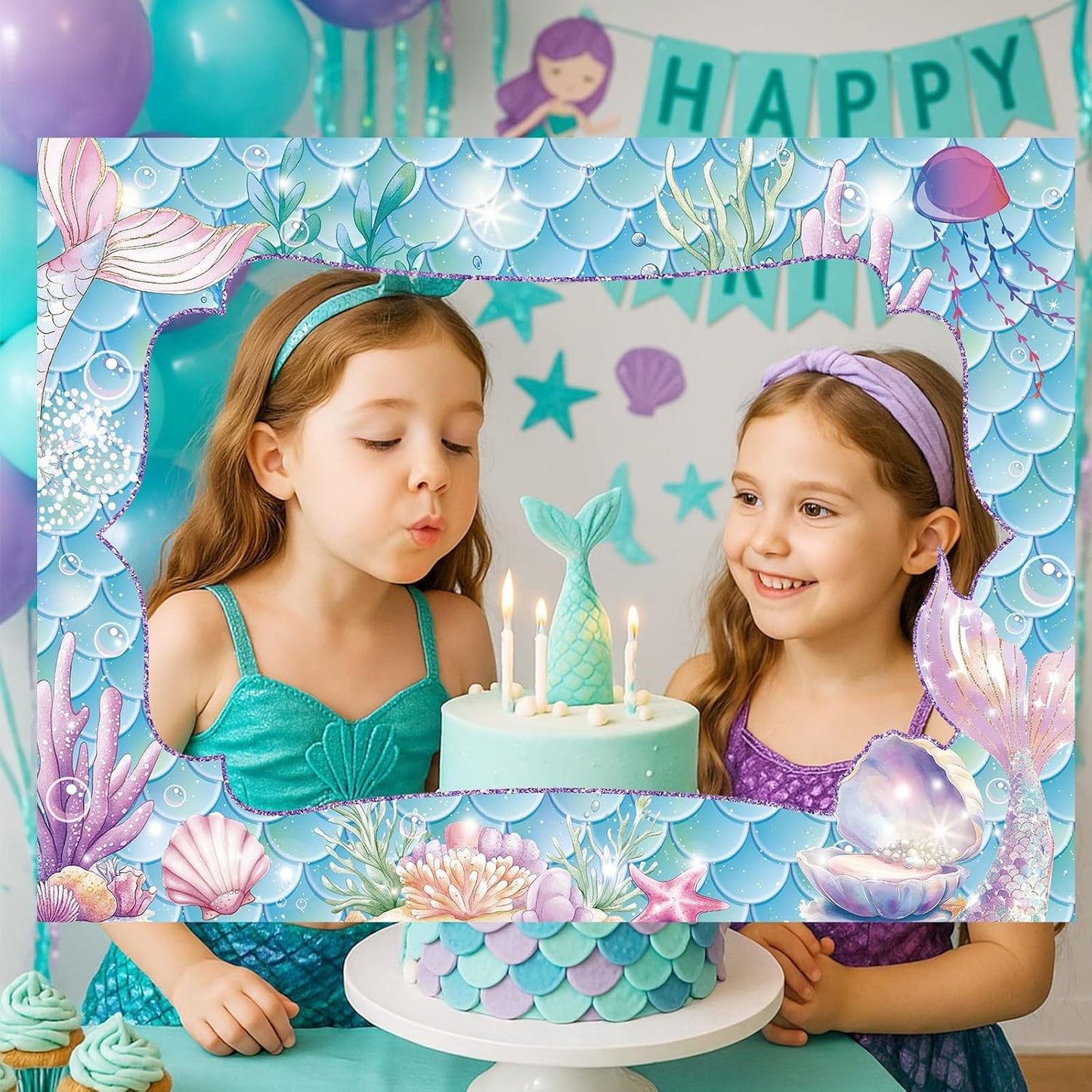 Upgraded 32 x 24 Inch Large Mermaid Photo Booth Props Picture Frame Vintage Photo Frame Friends Selfie Props for Halloween Carnival Christmas Wedding Mexico Party Favors(Mermaid Style)