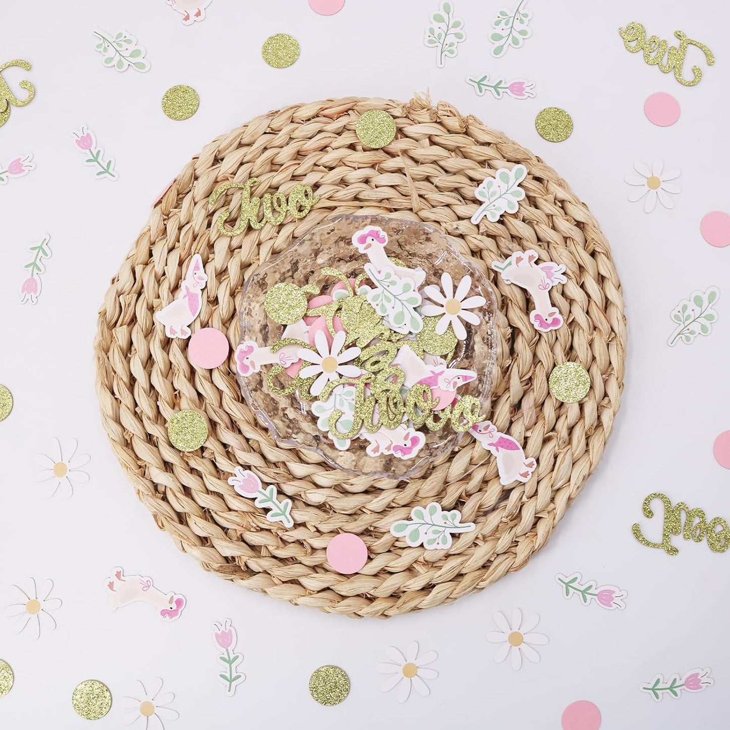 220PCS Two Silly Goose Birthday Decorations for Girl, Goose Dot Leaves Flower 2nd Birthday Confetti for Pink and Gold 2 Year Old Bday Decor