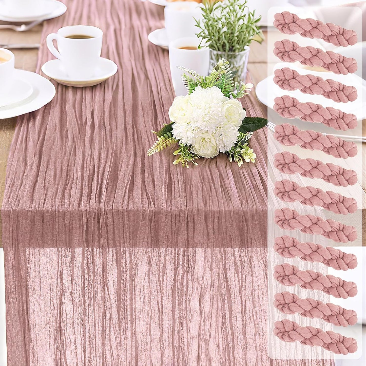 12-Pack Dusty Pink Cheesecloth Table Runners – 10FT (35x120 Inch) Boho Rustic Gauze Fabric Cheese Cloth Table Runner for Weddings, Baby Showers, Bridal Shower, Farmhouse & Birthday Party Decor