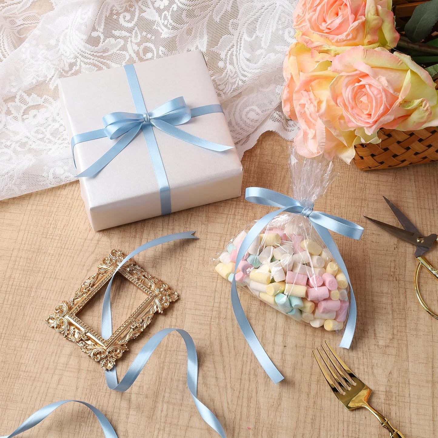 LaRibbons Light Blue Satin Ribbon 3/8 Inch 25 Yards Luxury Double Faced Blue Silk Ribbon for Flower Bouquet Crafts Gift Wrapping Wedding Party Babyshower Decoration