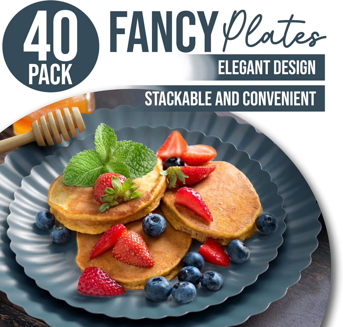 Trendables Scalloped Paper Plates 8.5 Inch & 10.5 Inch 40 Pcs Dinner Plate Set Fancy Disposable Plates for Party for 20 Guests 20 X 8 & 20 X 10 Large & Small Paper Plate Set for Parties Slate Blue