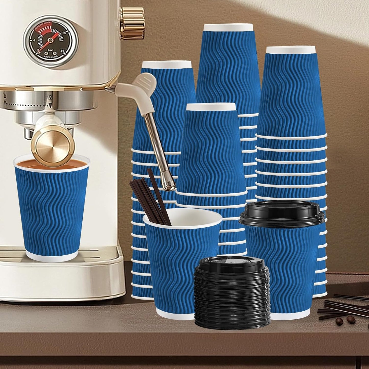 SIUQ 90 Pack 12 oz Disposable Coffee Cups with Lids and Straws, Insulated Ripple Wall To Go Paper Coffee Cups for Coffee, Hot Chocolate and Hot Tea Drinks - Navy