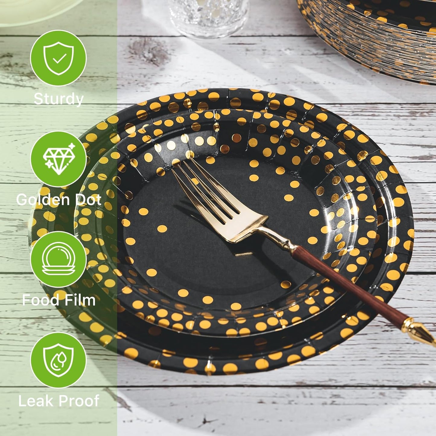 Lullaby 200PCS Black Paper Plates, Black and Gold Paper Plate, 100pcs Dinner Plates 9"，100pcs Dessert Plates 7", Disposable Graduation Plates with Golden Dot for Birthday party, Halloween