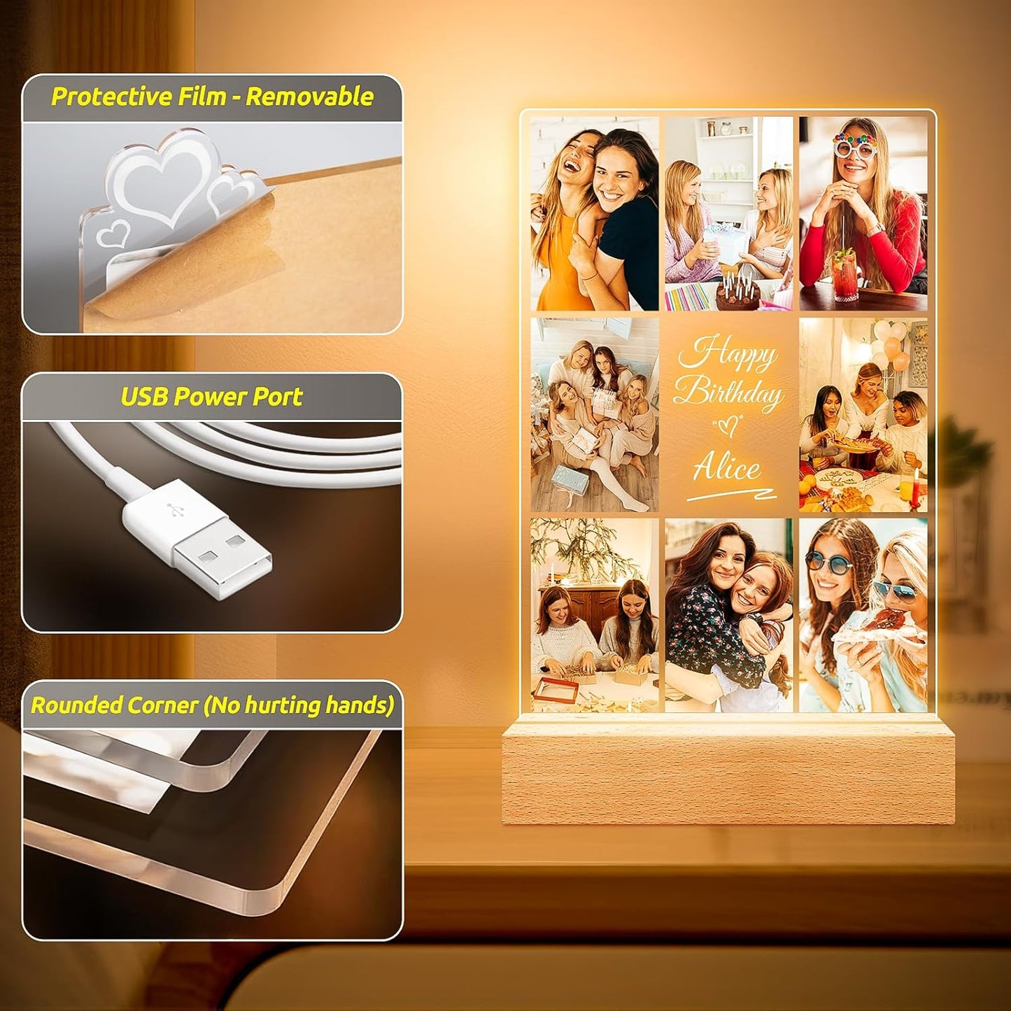 Custom Picture Frames with Photos, Personalized Photo Frame with Night Light, Customized Picture Frame, Personalized Birthday Gifts for Women, Men, Her, Him, Best Friends, Wife, Sister, Family