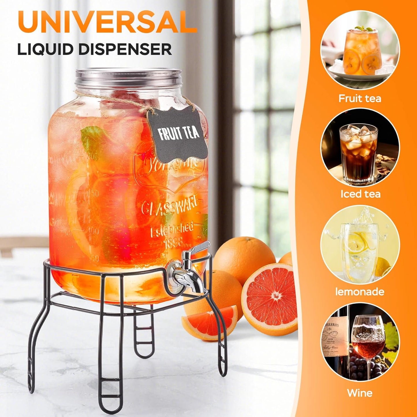 2 Gallon Glass Drink Dispenser for Parties, Beverage Dispenser with Stand, Lemonade Dispenser with 18/8 Stainless Steel Spigot, Leakproof for Sun Tea, Juice, Picnic, BBQ & Bars