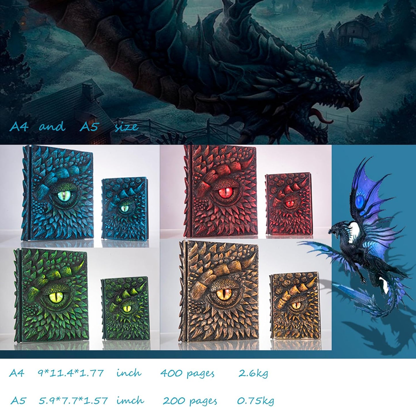 3D Dragon Eye Embossed Journal,Resin Engraving Notebook,Dnd notebook for Dragon Lovers ，Blank Paper,Hardcover Travel Notepad for Writing,Sketchbook,Collection,Gift,Decoration A4 and A5 Size (A5-Green